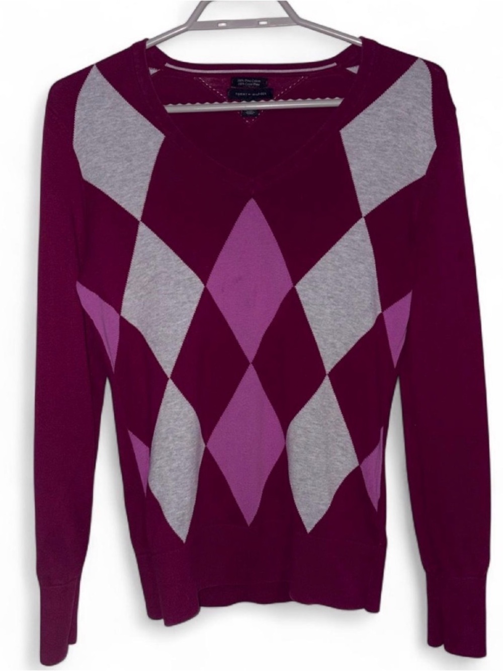 Tommy Hilfiger 100% Pima Cotton Burgundy Argyle V-Neck Sweater